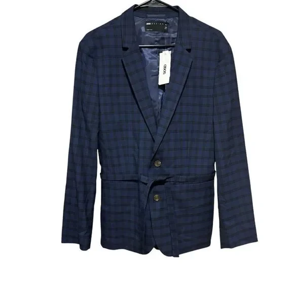 ASOS DESIGN skinny suit belted jacket with dark blue windowpane check